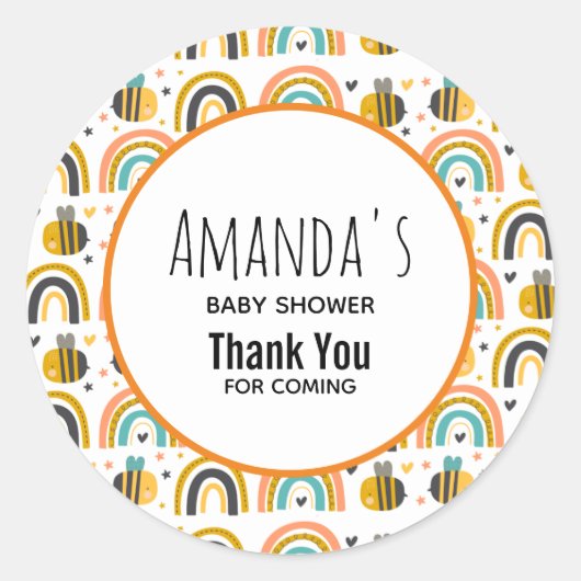 Cute Bumble Bee and Rainbows Pattern Baby shower Ronde Sticker (Voorkant)