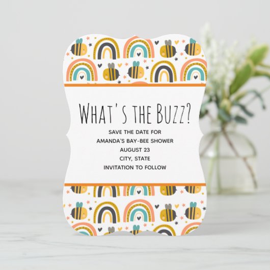 Cute Bumble Bee and Rainbows Pattern Baby shower Save The Date (Staand voorkant)