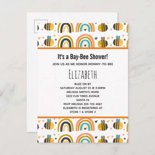 Cute Bumble Bee and Rainbows Pattern Baby shower Uitnodiging Briefkaart (Voorkant / Achterkant)