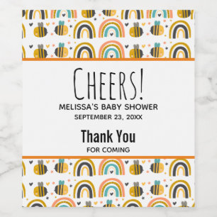 Cute Bumble Bee and Rainbows Pattern Baby shower Wijn Etiket