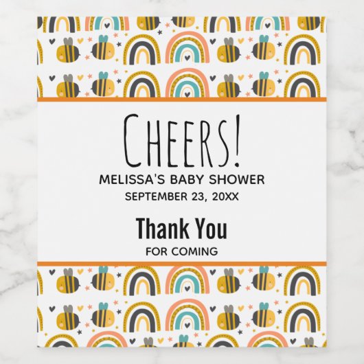 Cute Bumble Bee and Rainbows Pattern Baby shower Wijn Etiket (Enkel label)
