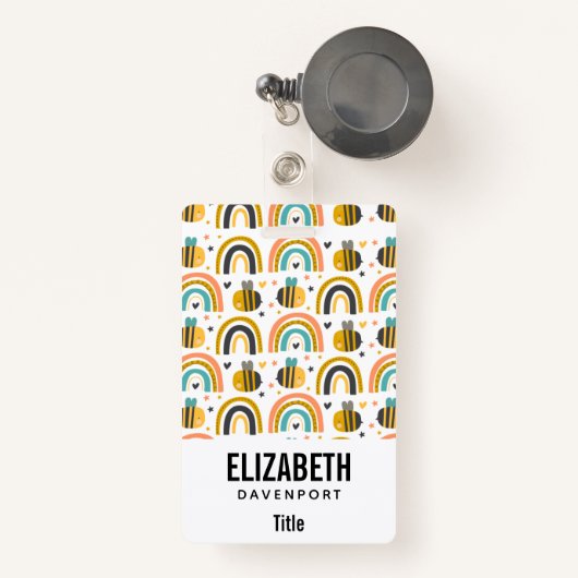 Cute Bumble Bee and Rainbows Pattern Badge (Voorkant met intrekbare)