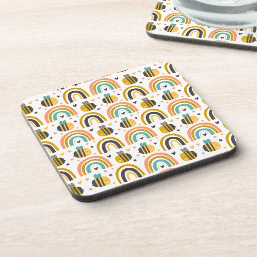 Cute Bumble Bee and Rainbows Pattern Bier Onderzetter (Linkerzijde)