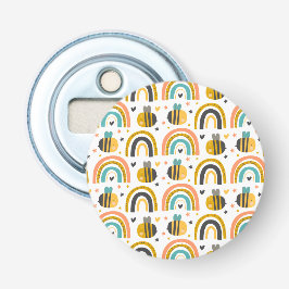 Cute Bumble Bee and Rainbows Pattern Button Flesopener