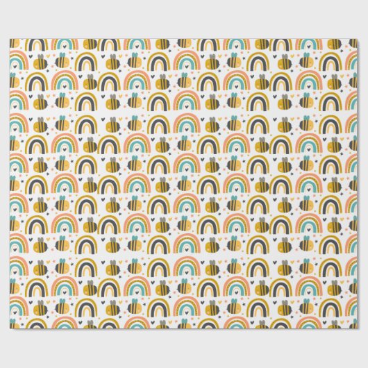 Cute Bumble Bee and Rainbows Pattern Cadeaupapier (Vlak)