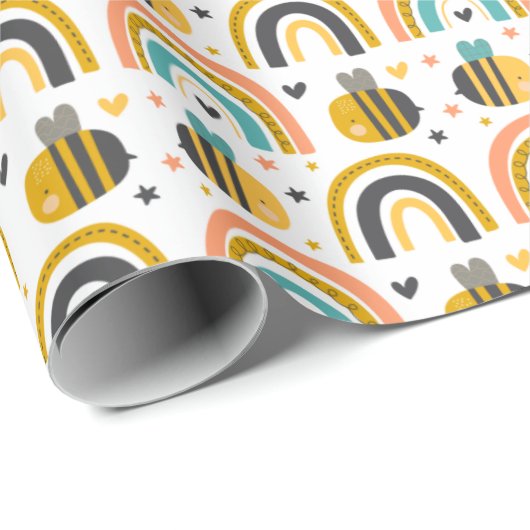 Cute Bumble Bee and Rainbows Pattern Cadeaupapier (Rol Hoek)
