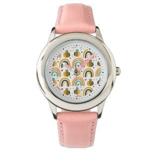Cute Bumble Bee and Rainbows Pattern Horloge