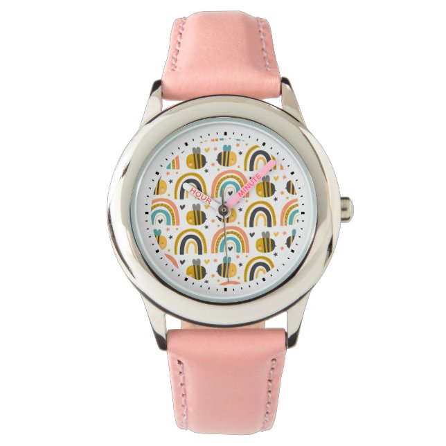 Cute Bumble Bee and Rainbows Pattern Horloge (Voorkant)