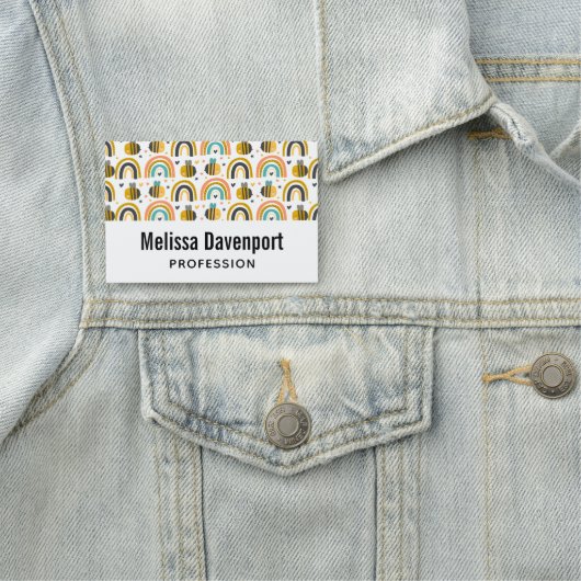 Cute Bumble Bee and Rainbows Pattern Naamplaatje (In situ)