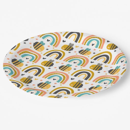 Cute Bumble Bee and Rainbows Pattern Papieren Bordje (Gekanteld)
