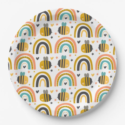 Cute Bumble Bee and Rainbows Pattern Papieren Bordje (Voorkant)