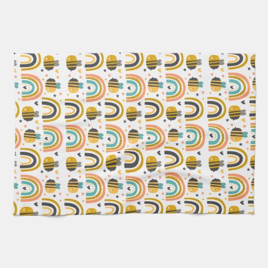 Cute Bumble Bee and Rainbows Pattern Theedoek (Horizontaal)
