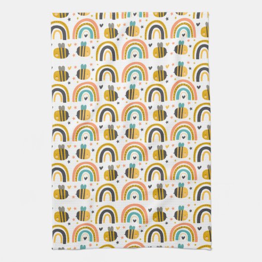 Cute Bumble Bee and Rainbows Pattern Theedoek (Verticaal)