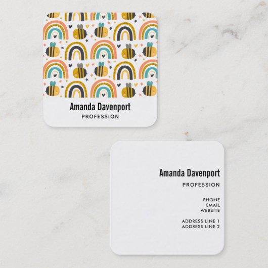 Cute Bumble Bee and Rainbows Pattern Vierkante Visitekaartje (Voorkant / Achterkant)