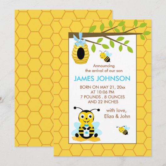 Cute Bumble Bee Boy Baby Birth Announcement Card Aankondiging (Voorkant / Achterkant)