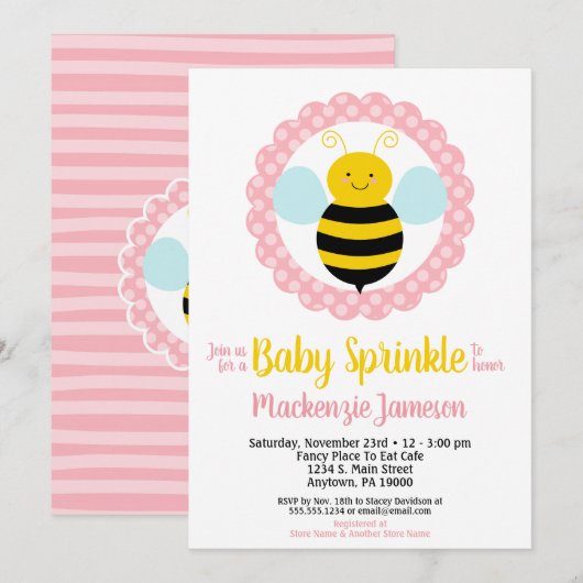 Cute Bumble Bee Girls Baby Sprinkle Invitation Kaart (Voorkant / Achterkant)