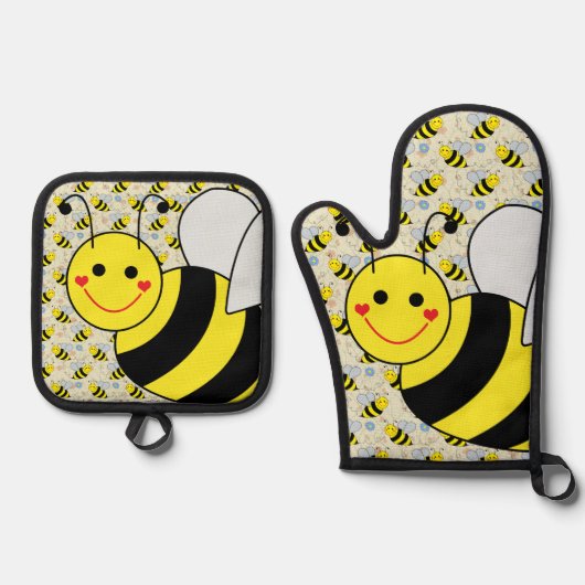 Cute Bumble Bee met Pattern Ovenwant & Pannenlap Set (Voorkant)