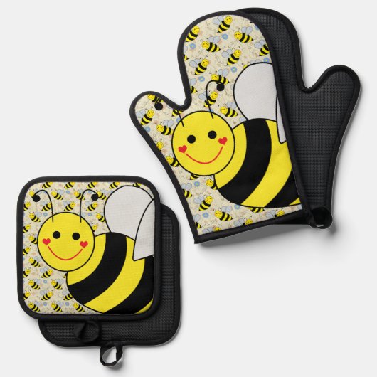 Cute Bumble Bee met Pattern Ovenwant & Pannenlap Set (Voorkant / Achterkant)