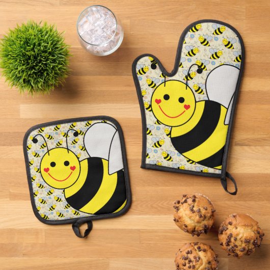 Cute Bumble Bee met Pattern Ovenwant & Pannenlap Set (Top down)