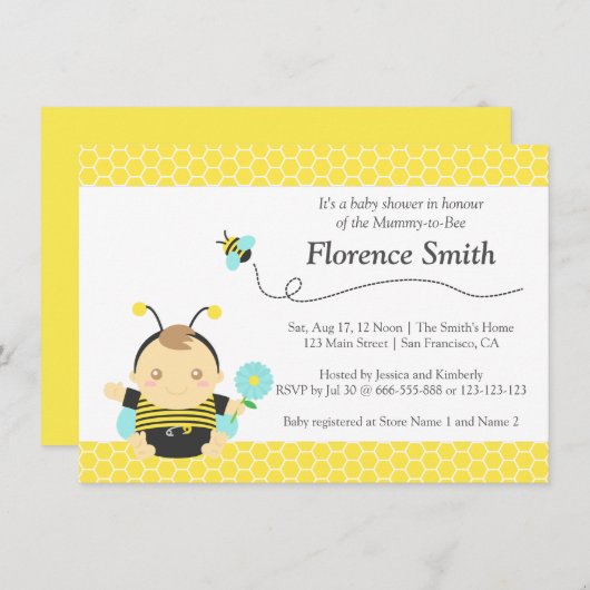 Cute Bumble Bee Theme, Boy Baby shower Kaart (Voorkant / Achterkant)
