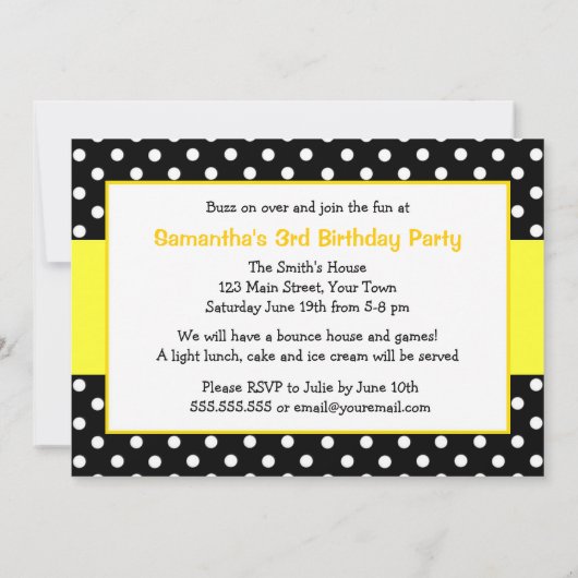 Cute Bumble Bee Yellow and Black Birthday Party Kaart (Achterkant)