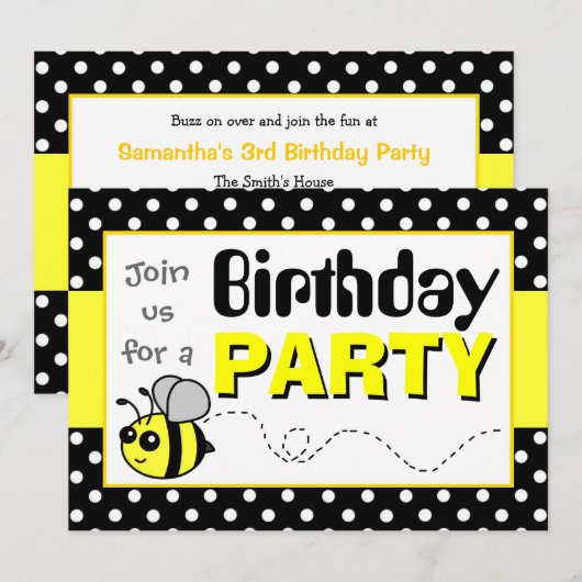 Cute Bumble Bee Yellow and Black Birthday Party Kaart (Voorkant / Achterkant)