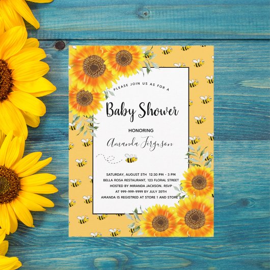 Cute bumble bee yellow sunflower baby shower briefkaart