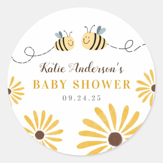 Cute Bumblebee en Sunflower Baby shower Ronde Sticker (Voorkant)