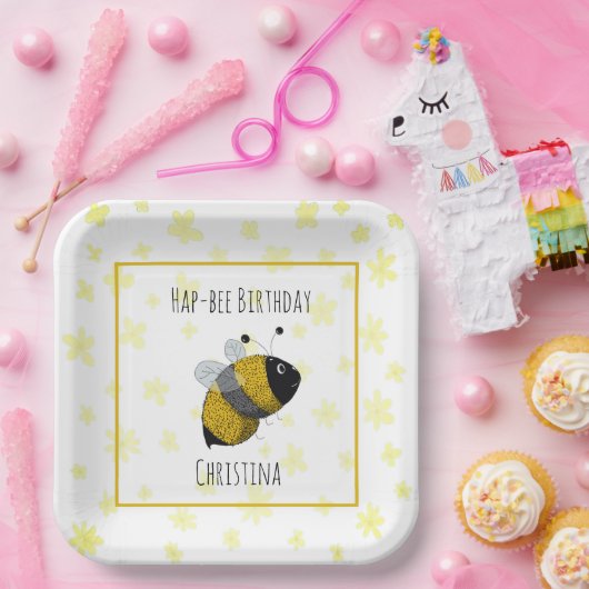 Cute Bumblebee Geel en Zwart | HapBee Birthday Papieren Bordje (Feest)