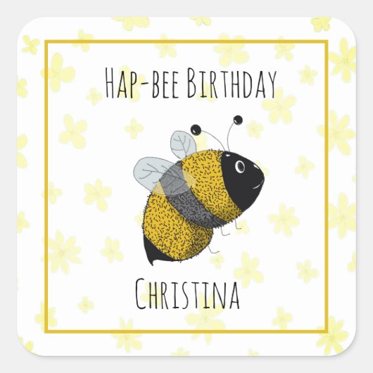 Cute Bumblebee Geel en Zwart | HapBee Birthday Vierkante Sticker (Voorkant)