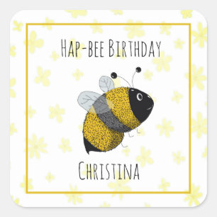 Cute Bumblebee Geel en Zwart   HapBee Birthday Vierkante Sticker