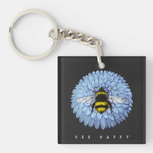 Cute Bumblebee op Blue Flower Natuur Black Sleutelhanger