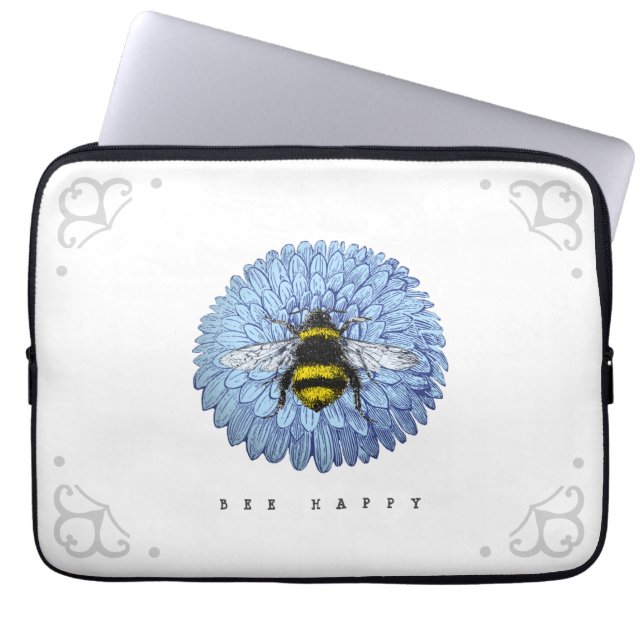 Cute Bumblebee op Blue Flower Natuur Laptop Sleeve (Voorkant)