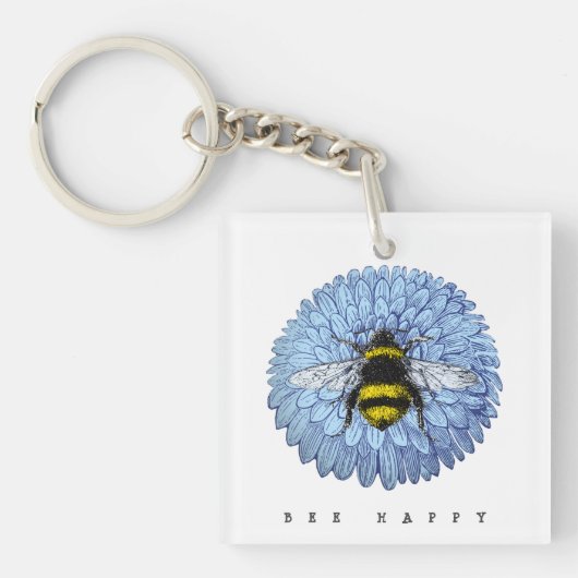 Cute Bumblebee op Blue Flower Natuur Sleutelhanger (Voorkant)
