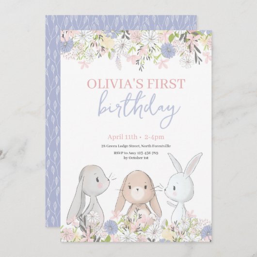 Cute Bunnies Birthday Invitation Kaart (Voorkant / Achterkant)