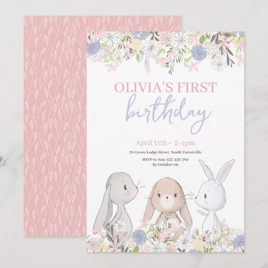 Cute Bunnies Birthday Invitation Kaart (Voorkant / Achterkant)