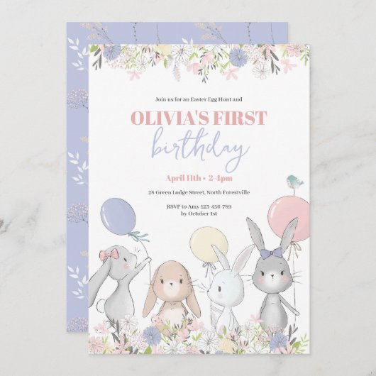 Cute Bunnies Birthday Invitation Kaart (Voorkant / Achterkant)