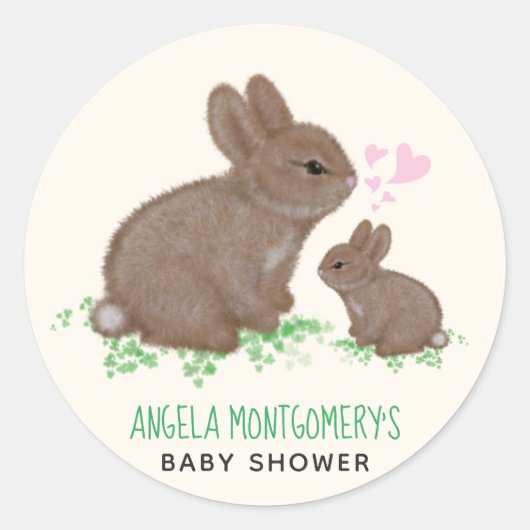 Cute Bunnies Hearts Custom Baby shower Ronde Sticker (Voorkant)