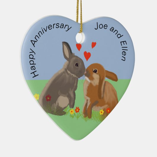 Cute Bunnies Kissons Jubileum Heart Keramisch Ornament (Rechts)