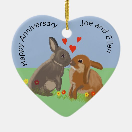 Cute Bunnies Kissons Jubileum Heart Keramisch Ornament (Voorkant)