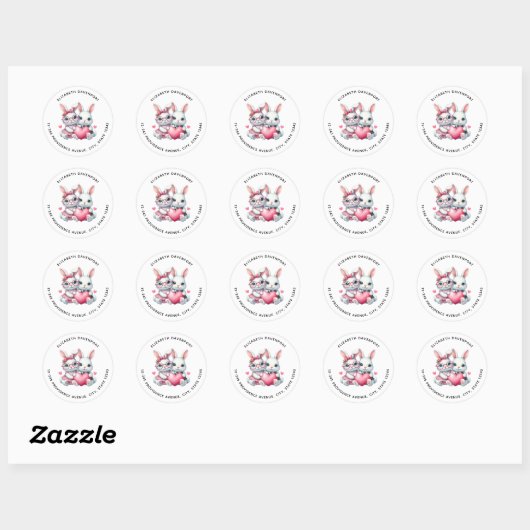 Cute Bunnies Sharing a Heart Address Ronde Sticker (Vel)