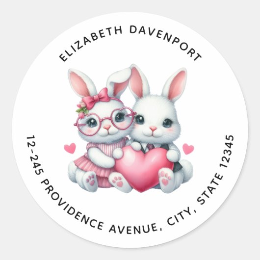 Cute Bunnies Sharing a Heart Address Ronde Sticker (Voorkant)