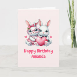 Cute Bunnies Sharing a Heart Birthday Kaart
