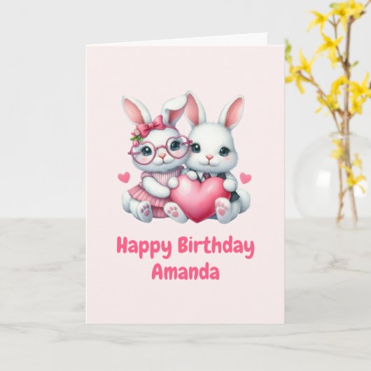 Cute Bunnies Sharing a Heart Birthday Kaart (Gele Bloem)