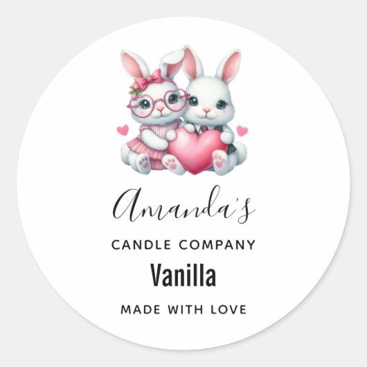 Cute Bunnies Sharing a Heart Candle Business Ronde Sticker (Voorkant)