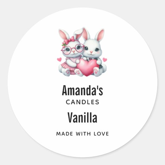Cute Bunnies Sharing a Heart Candle Business Ronde Sticker (Voorkant)