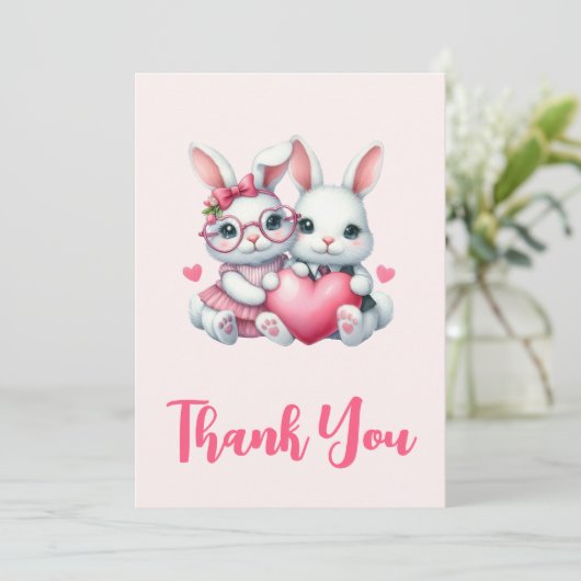 Cute Bunnies Sharing a Heart Party Bedankkaart (Staand voorkant)