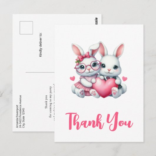 Cute Bunnies Sharing a Heart Thank You Briefkaart (Voorkant / Achterkant)