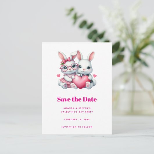 Cute Bunnies Sharing a Heart Valentine's Aankondigingskaart (Staand voorkant)