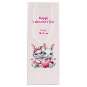 Cute Bunnies Sharing a Heart Valentine's Day Wijn Cadeautas (Achterkant)